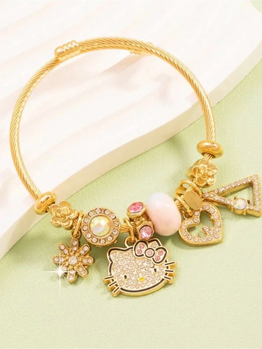 Sanrio Hello Kitty Gold and Pink Crystal Charm Bangle